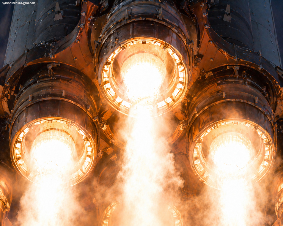 Detailaufnahme eines Raketentriebwerks mit intensiver Verbrennung – Treibstoff-Pumpsysteme im Einsatz